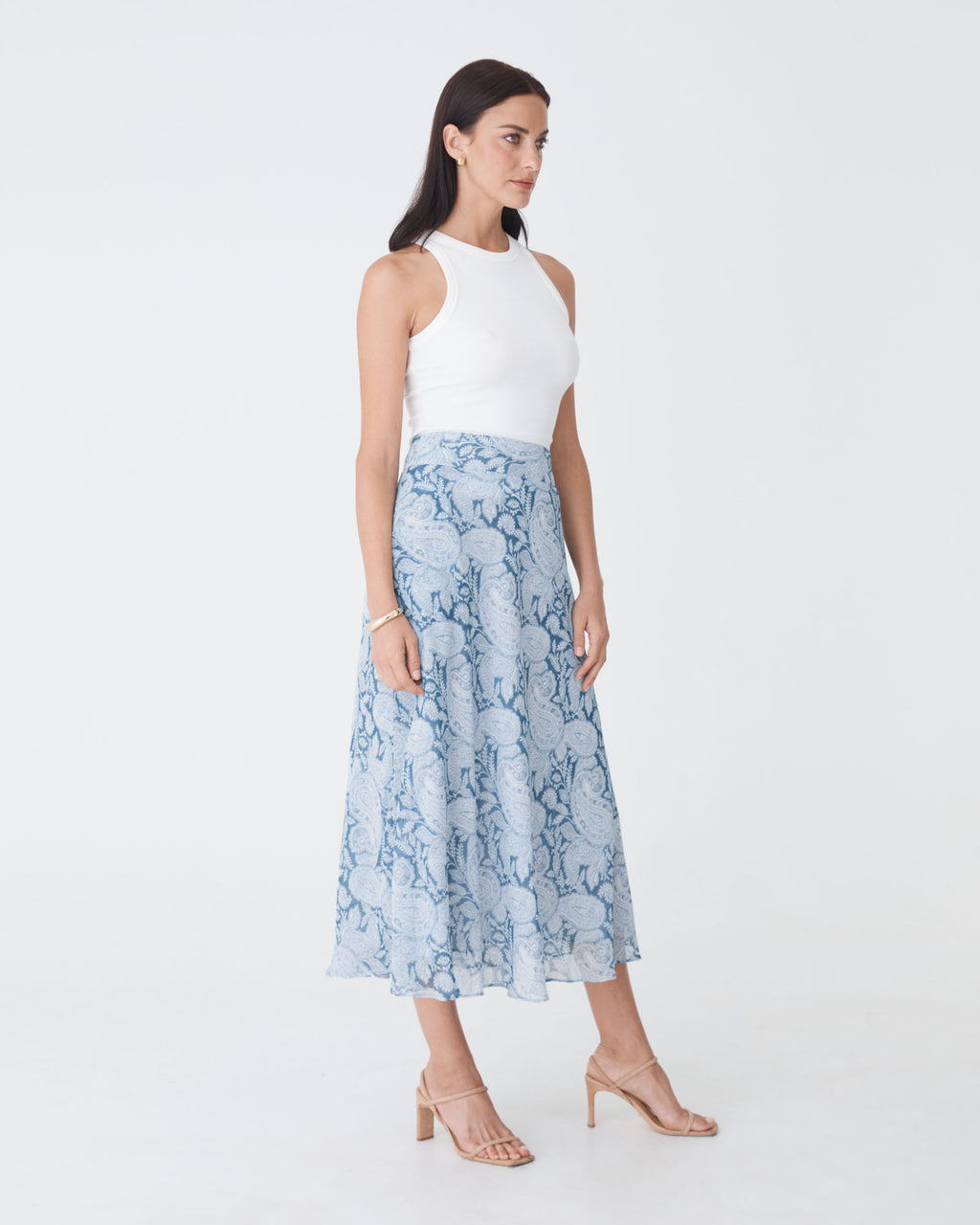Angie A-Line Skirt in blue paisley — side view