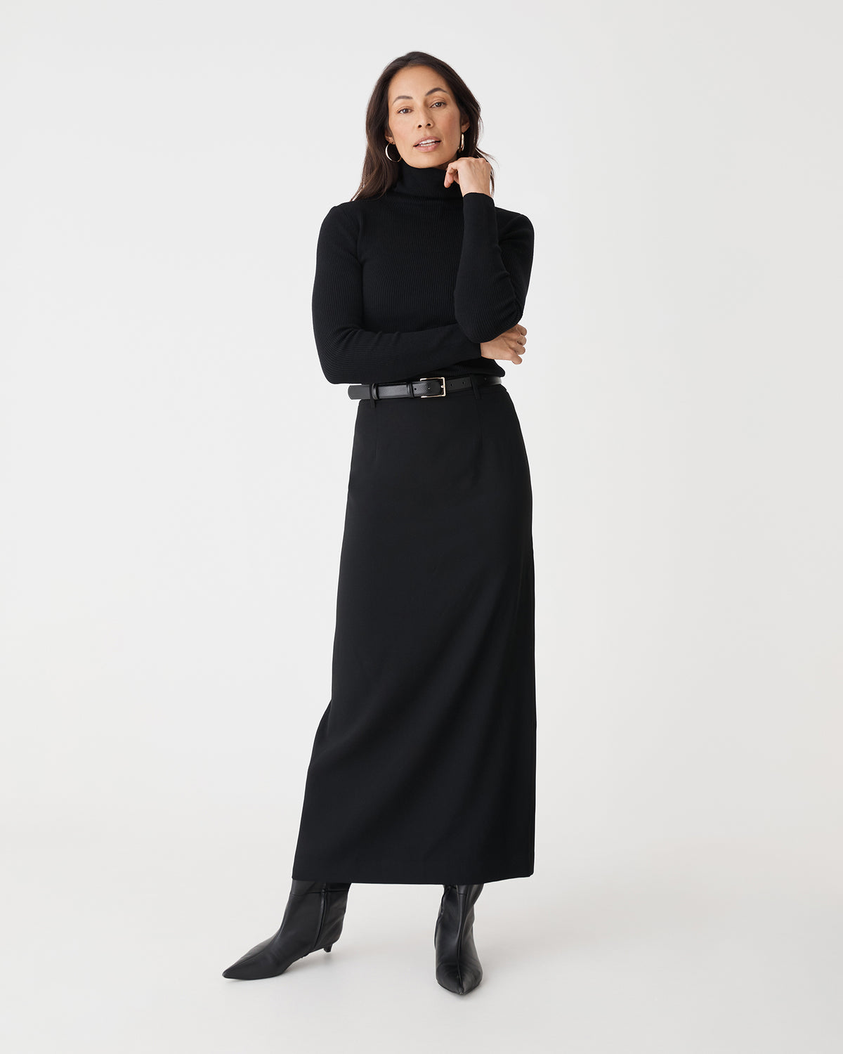 Kaitlyn Crepe Column Skirt in black — full-length view