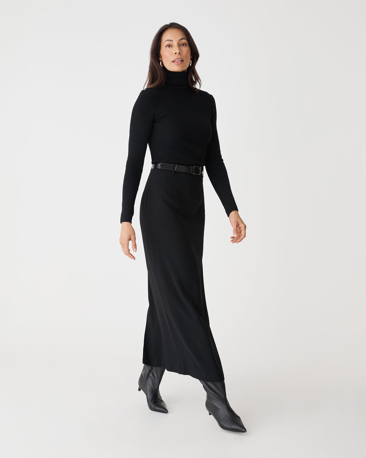 Kaitlyn Crepe Column Skirt in black — full-length view 3
