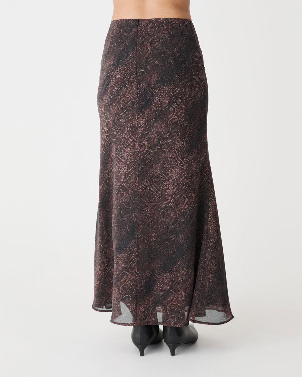 Sonia Snake Maxi Skirt in brown snake — back view
