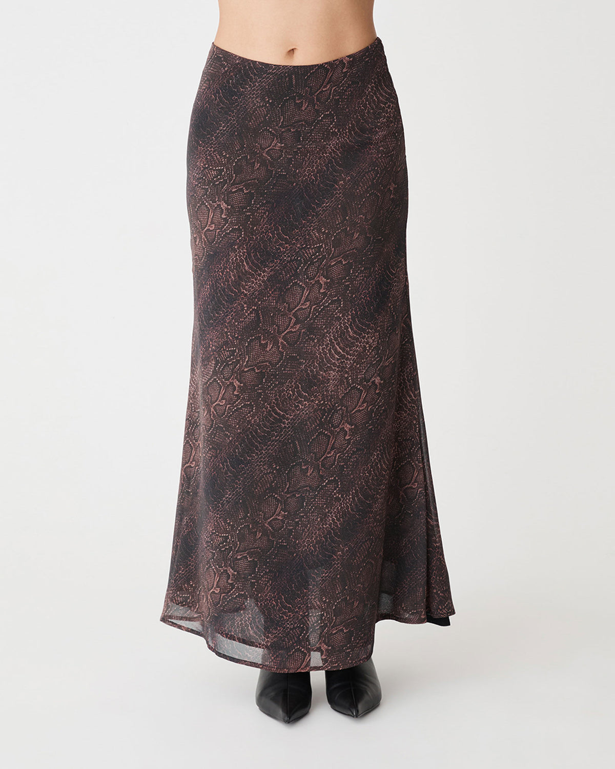 Sonia Snake Maxi Skirt in brown snake — close-up view