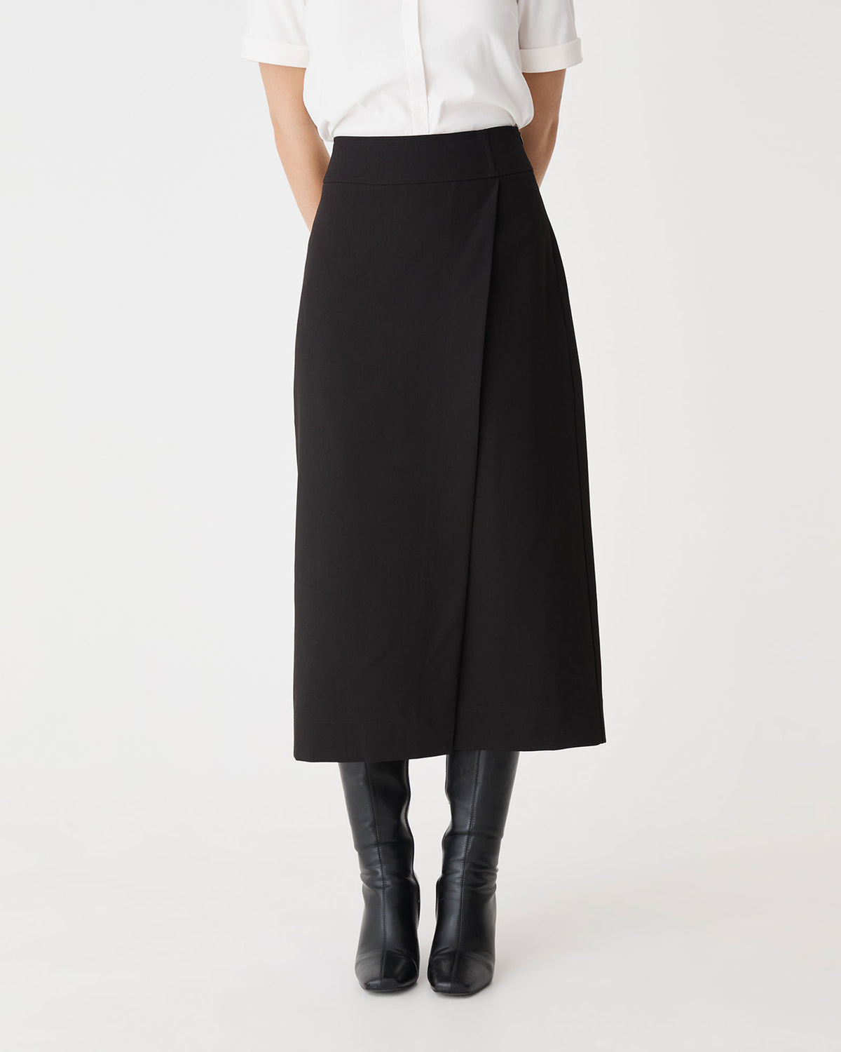 Lydia Faux Wrap Skirt in black — close-up view
