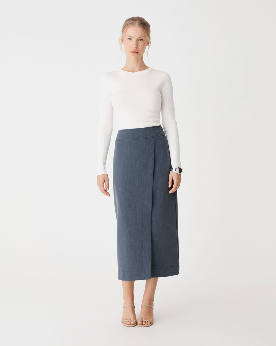 Lydia Faux Wrap Skirt in denim blue — full-length view