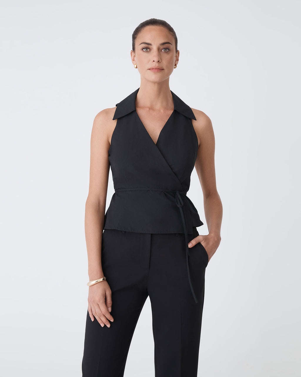 Layla Collared Wrap Top in black — close-up view