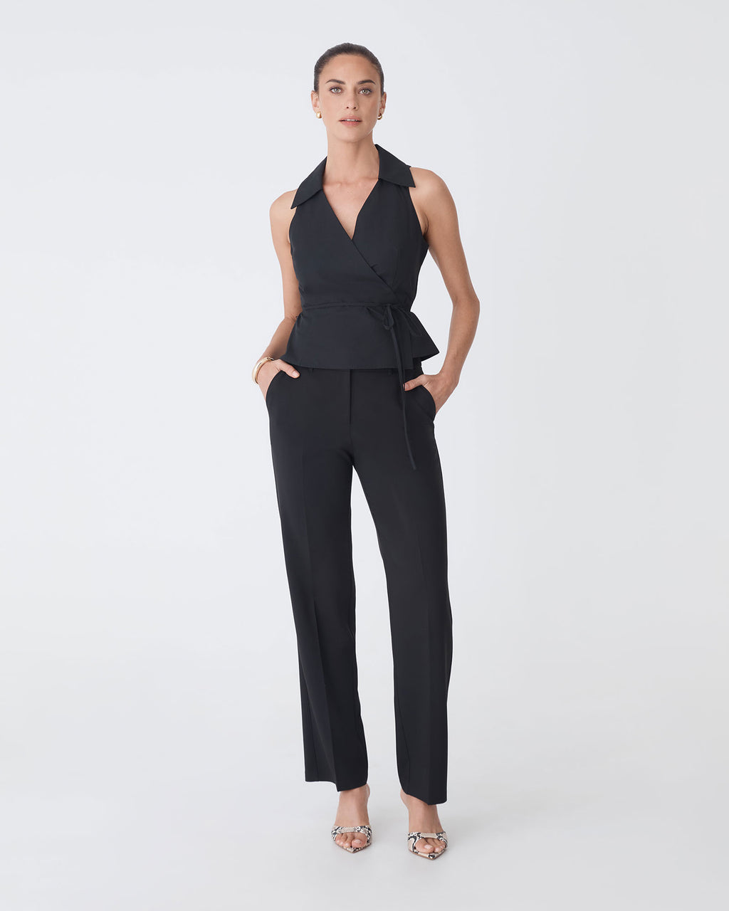 Layla Collared Wrap Top in black — full-length view
