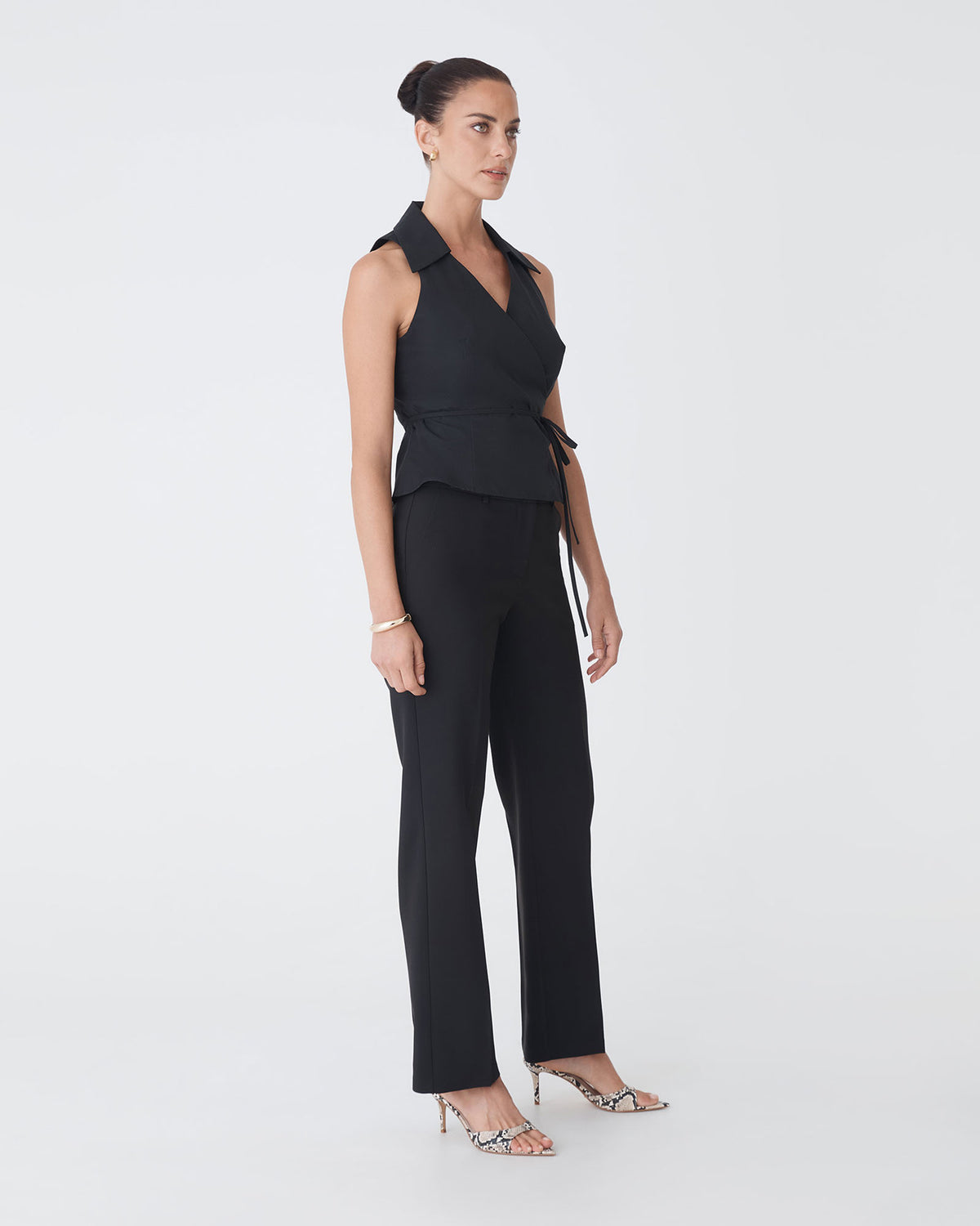 Layla Collared Wrap Top in black — side view