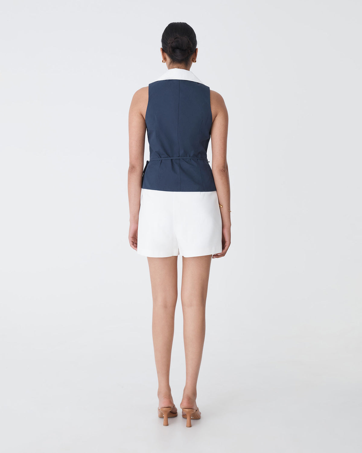Layla Collared Wrap Top in navy white — back view