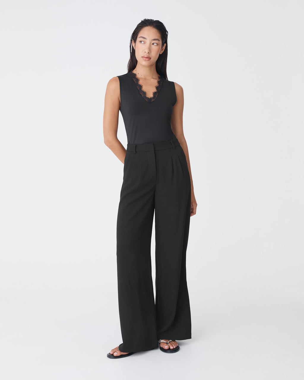 Greer Lace Trim Cami in black — full-length view