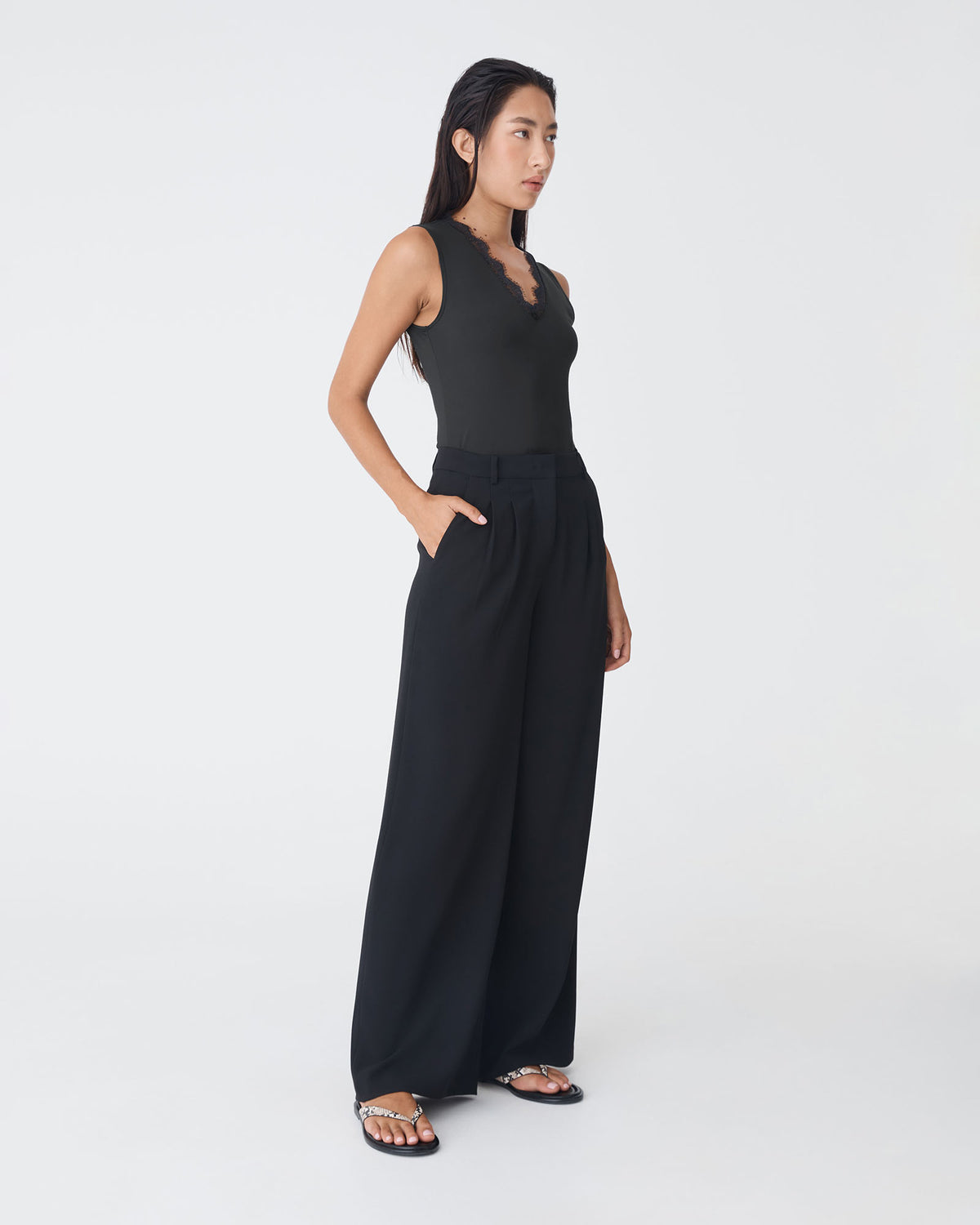 Greer Lace Trim Cami in black — side view
