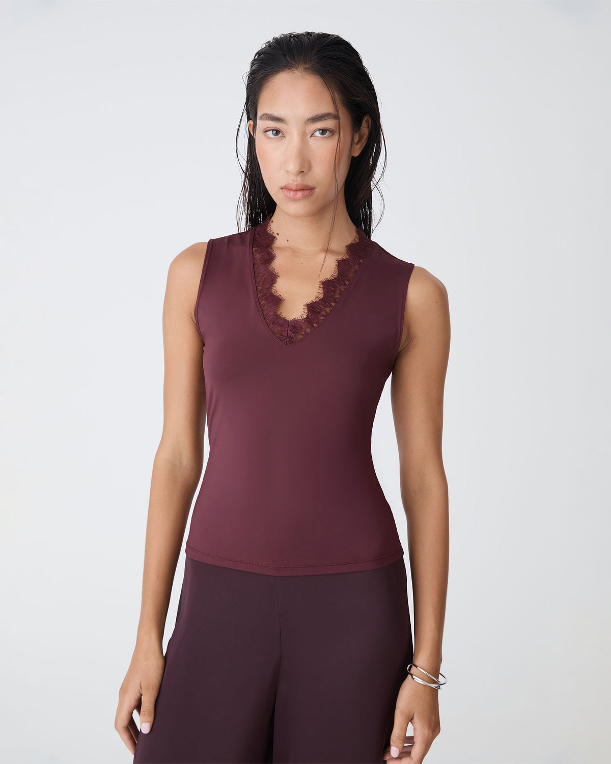 Greer Lace Trim Cami in shiraz — close-up view