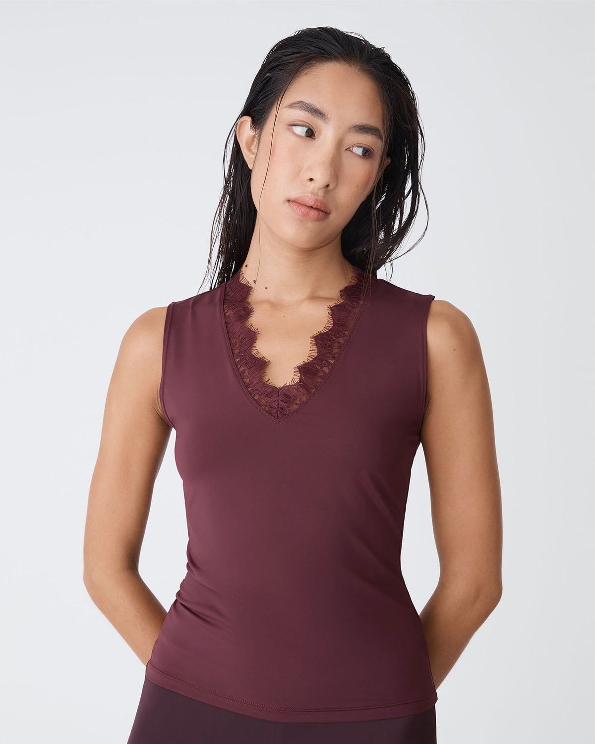 Greer Lace Trim Cami in shiraz — close-up view 2