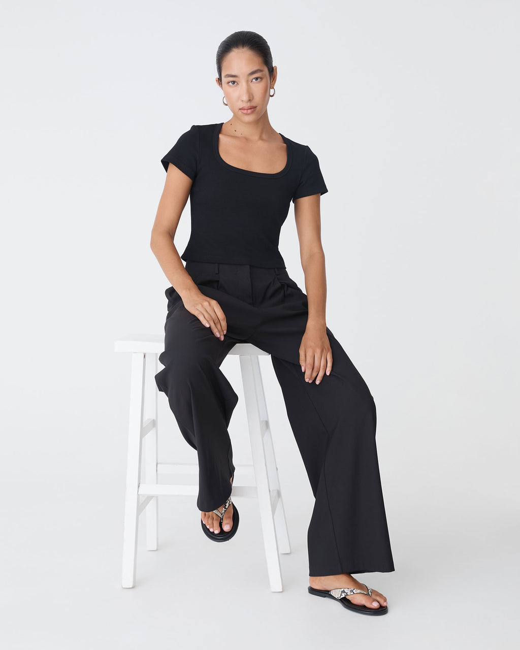 Devon Scoop Neck Rib Tee in black — full-length view 2