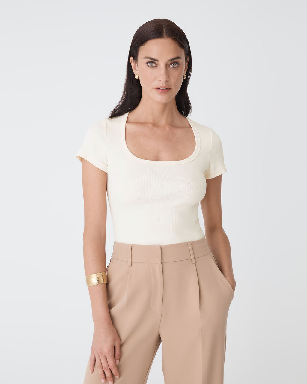 Devon Scoop Neck Rib Tee in cream — close-up view
