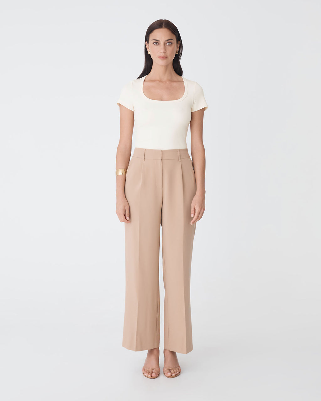 Devon Scoop Neck Rib Tee in cream — full-length view