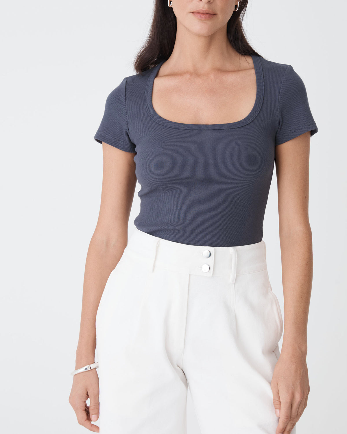 Devon Scoop Neck Rib Tee in wash navy — close-up view 2