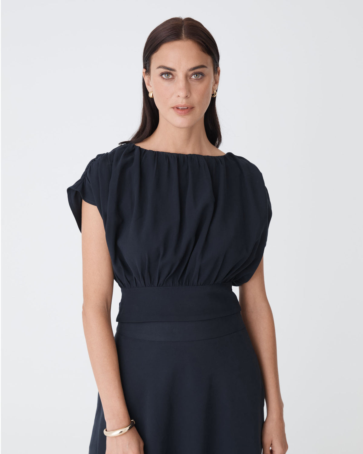 Goulbury Tie Waist Top in navy — close-up view