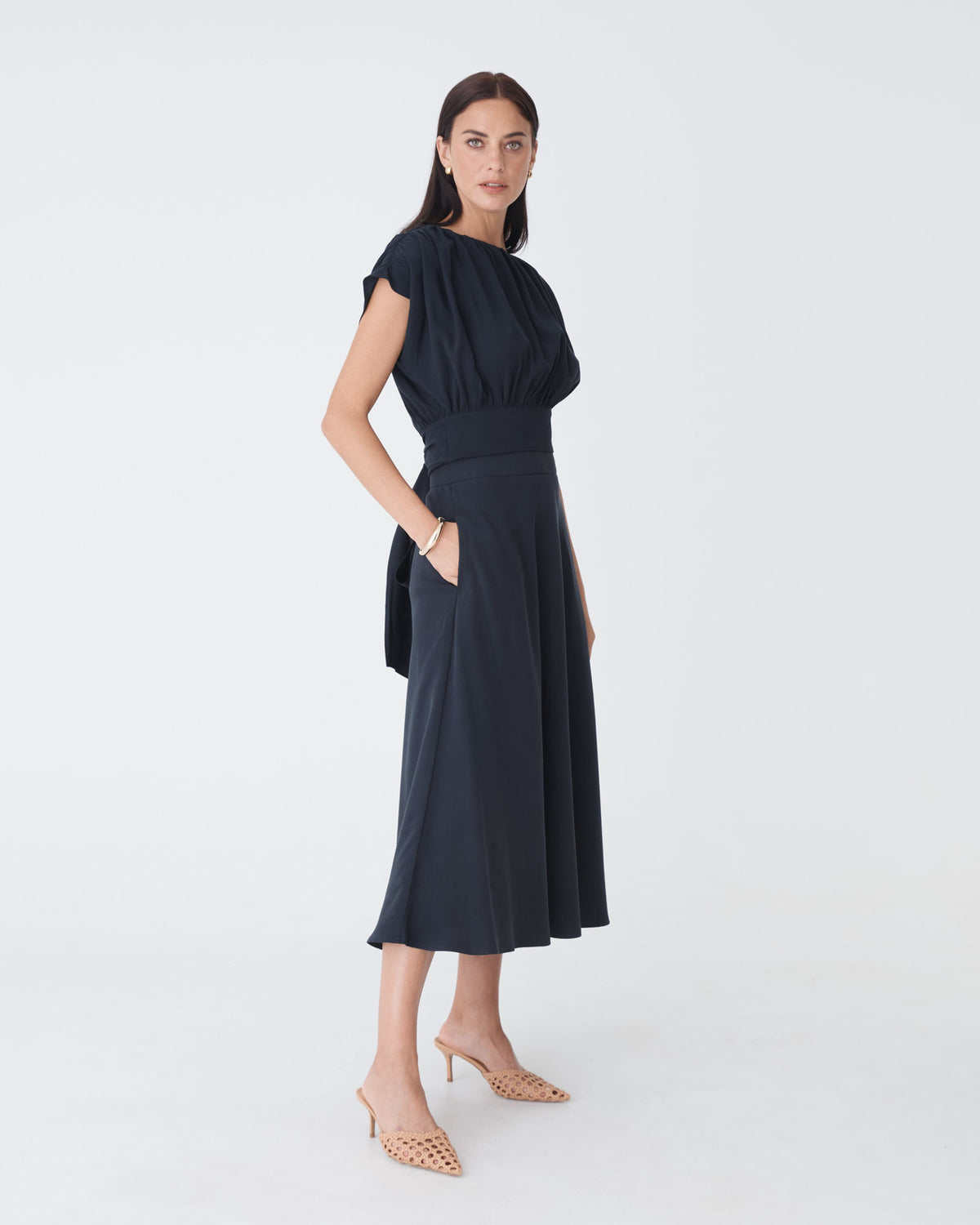 Goulbury Tie Waist Top in navy — side view