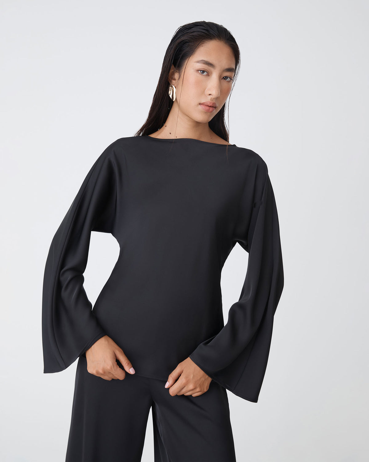 Asma Satin Bias Top in black — close-up view