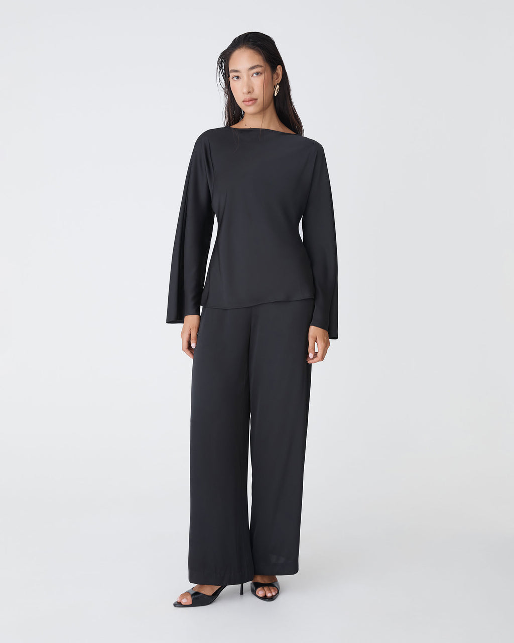 Asma Satin Bias Top in black — full-length view