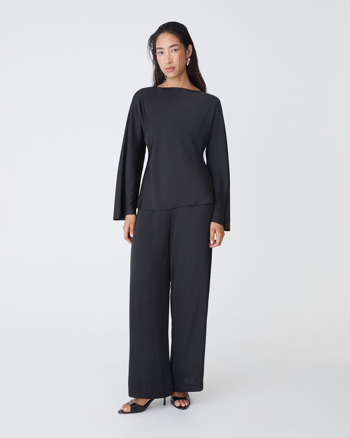 Asma Satin Bias Top in black — full-length view