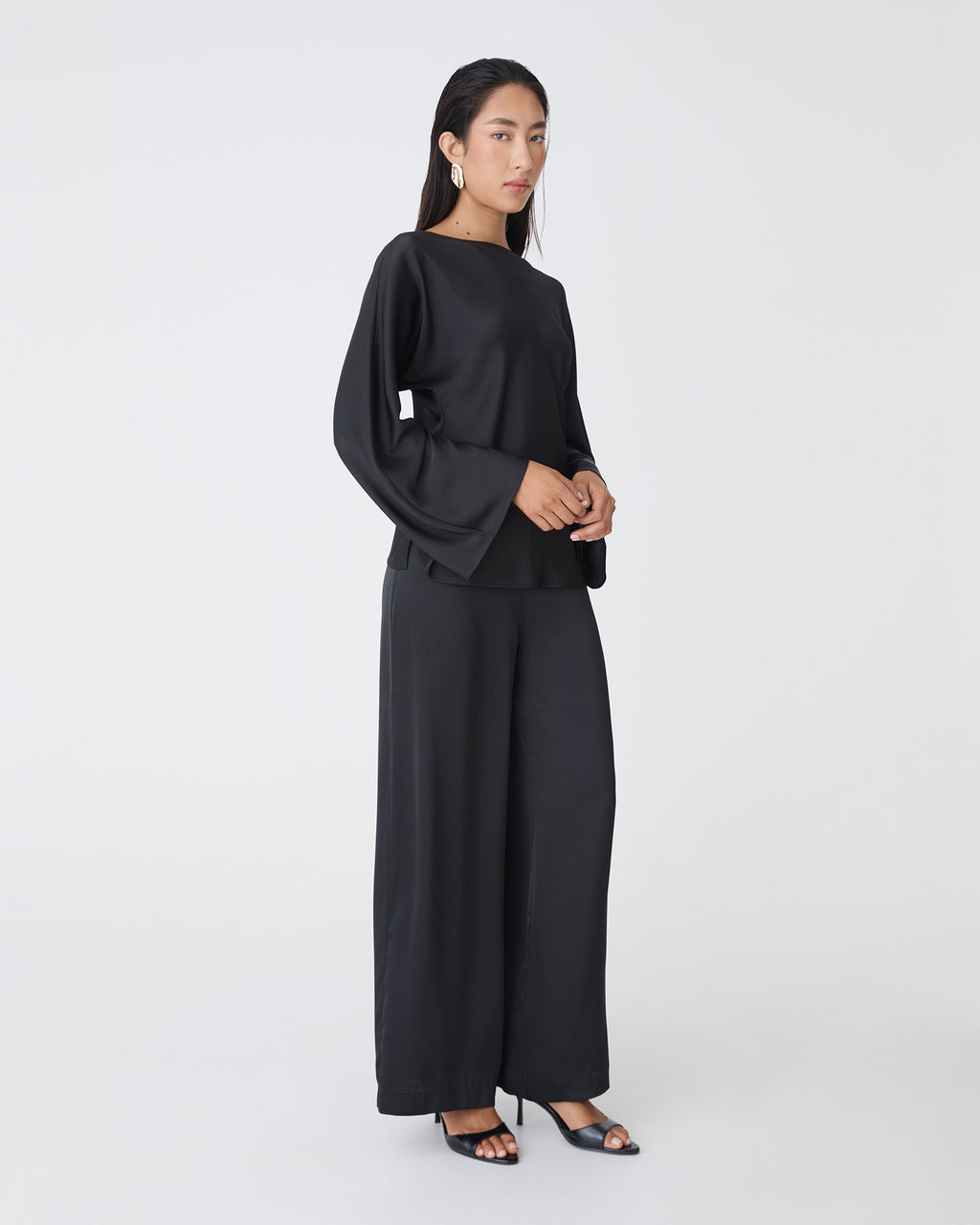 Asma Satin Bias Top in black — side view