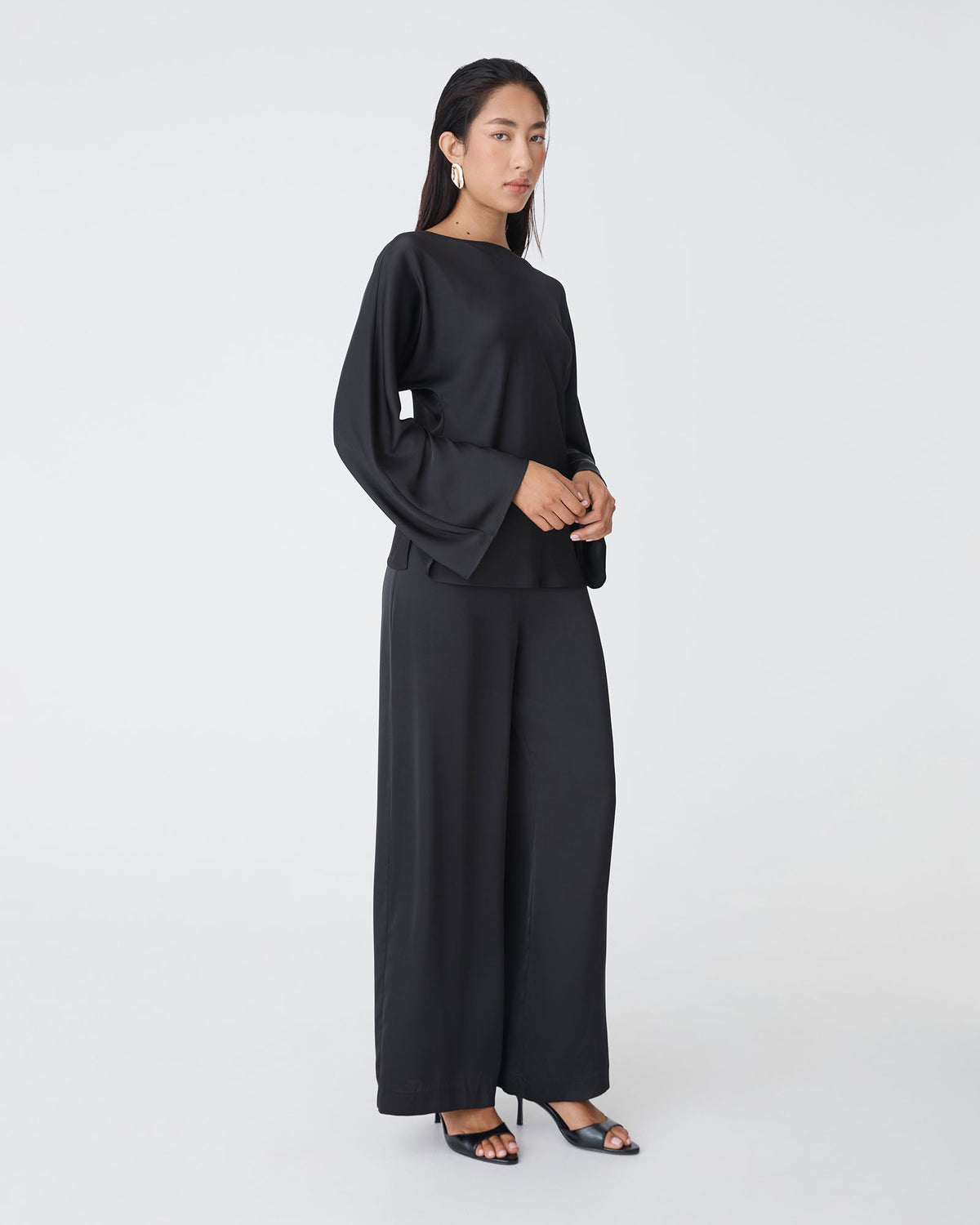 Asma Satin Bias Top in black — side view