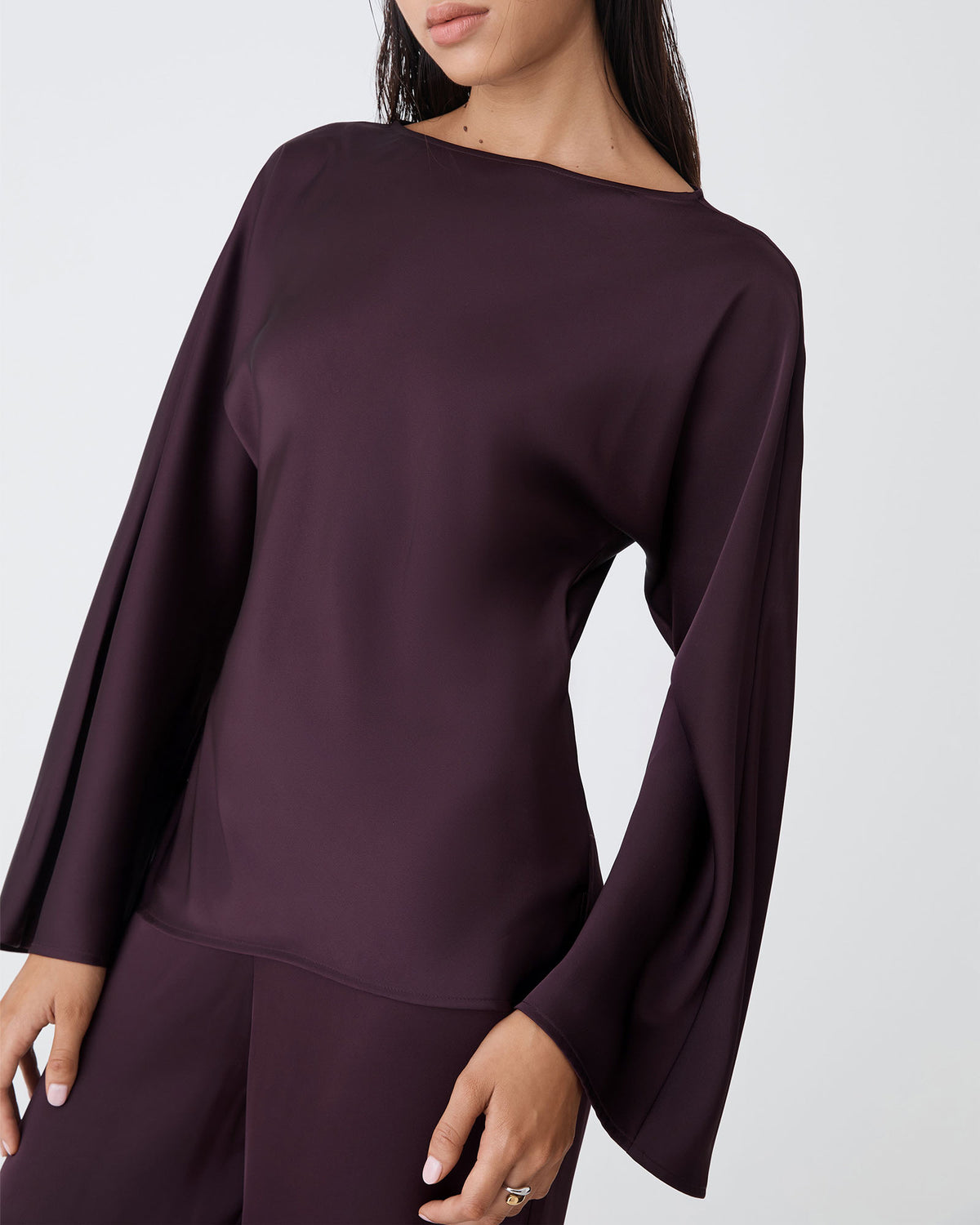Asma Satin Bias Top in ganache — close-up view