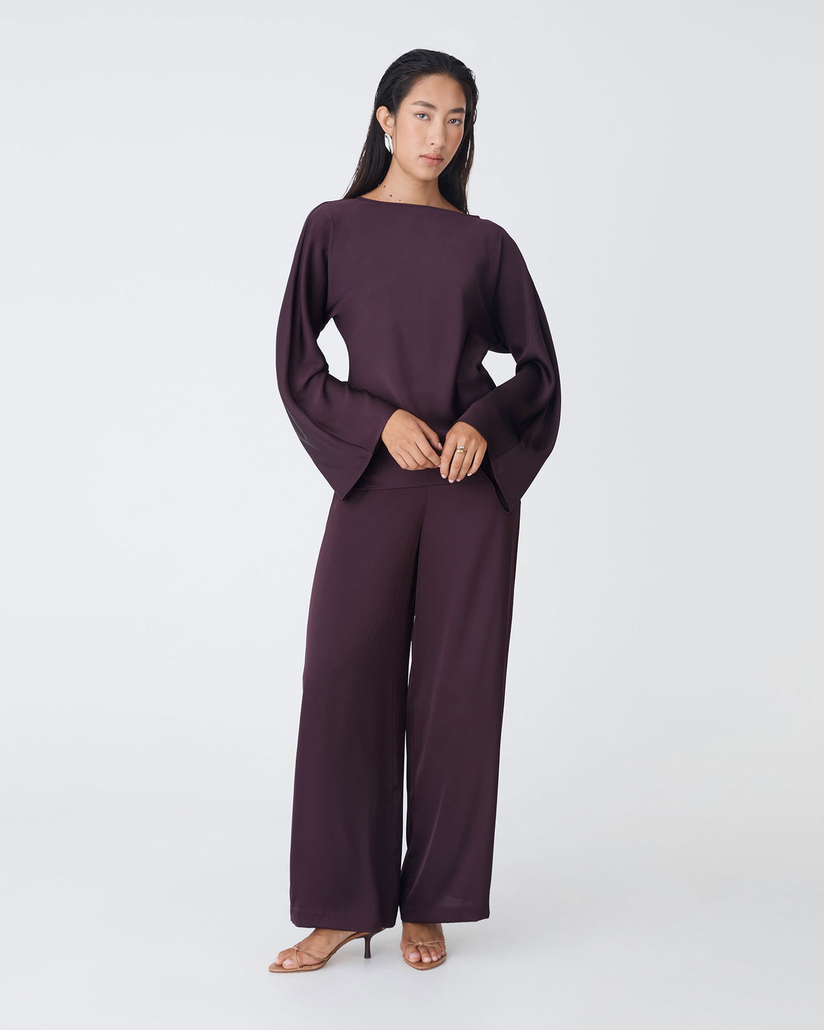 Asma Satin Bias Top in ganache — full-length view