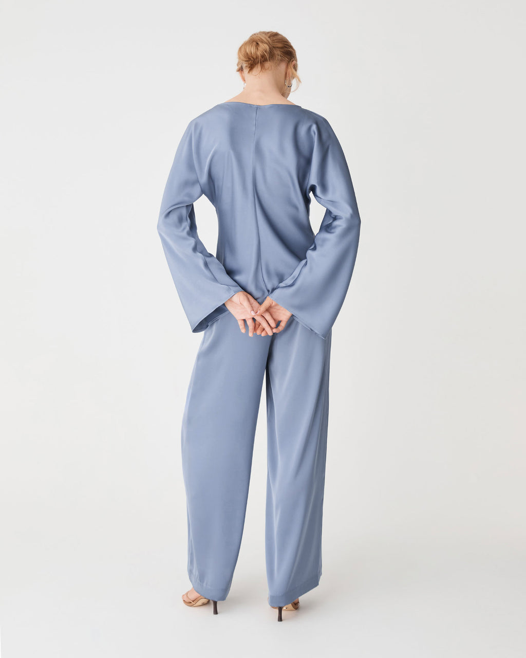 Asma Satin Bias Top in slate blue — back view