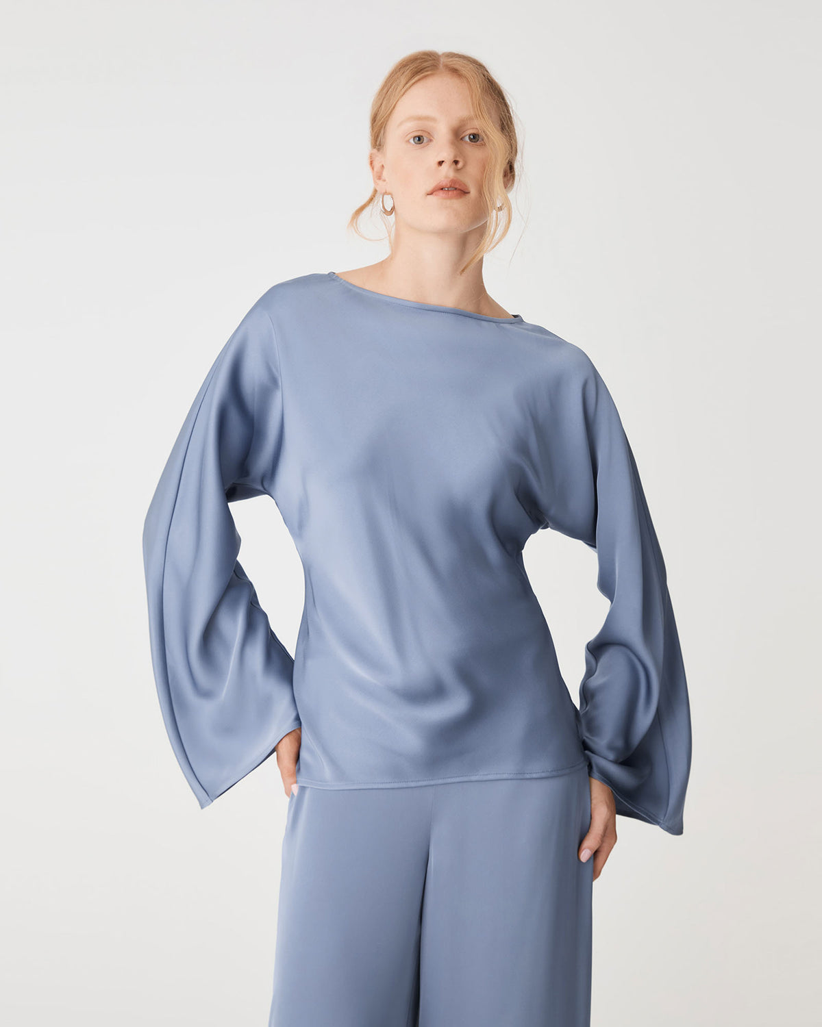 Asma Satin Bias Top in slate blue — close-up view 2