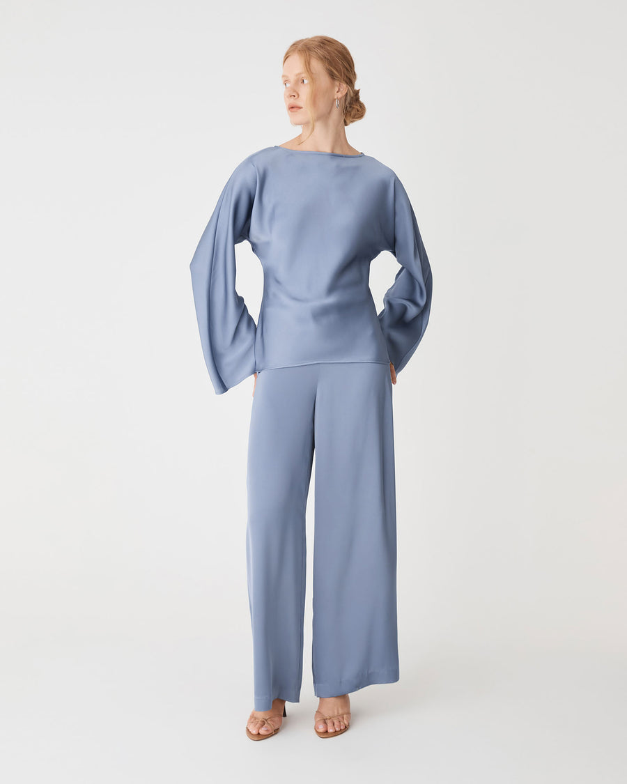 Asma Satin Bias Top in slate blue — full-length view