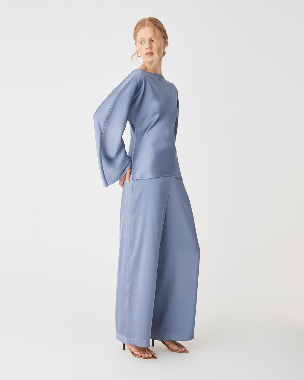 Asma Satin Bias Top in slate blue — side view