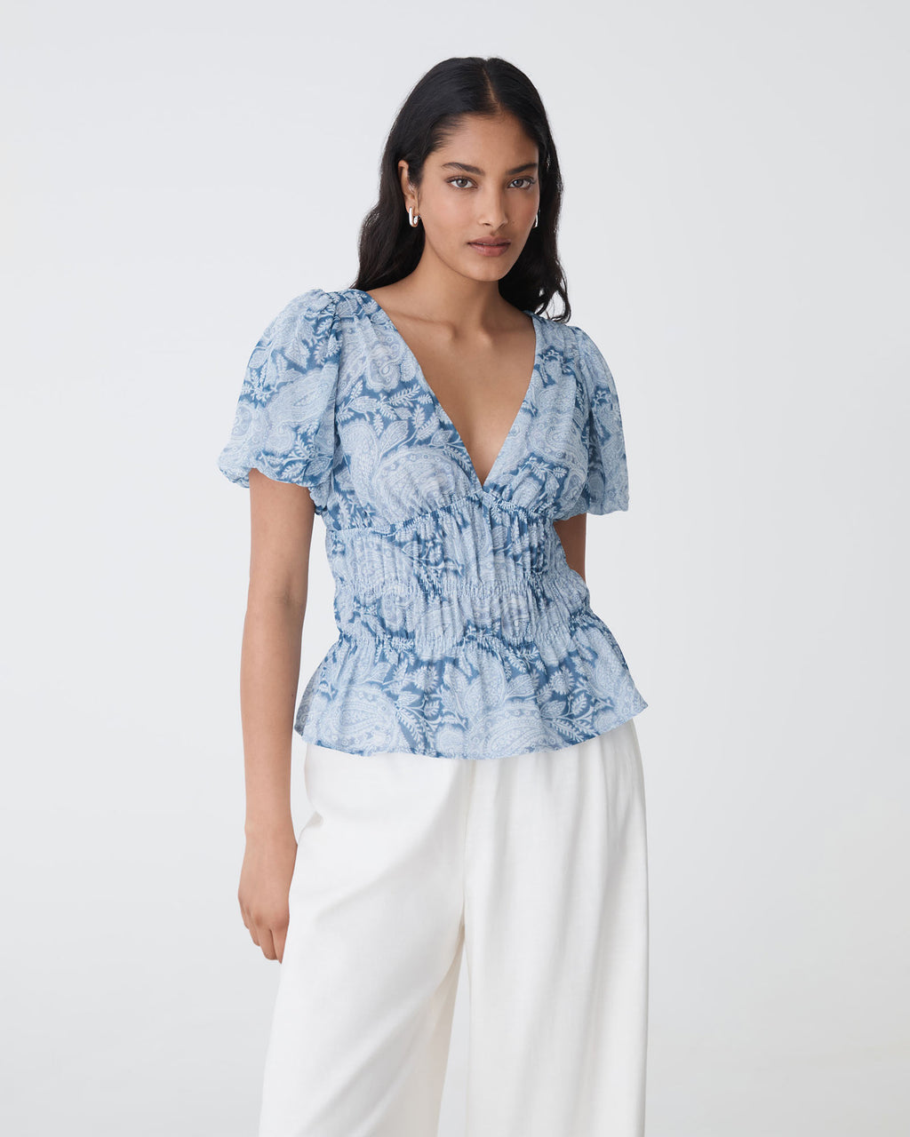Angie Elastic Waist Top in blue paisley — close-up view