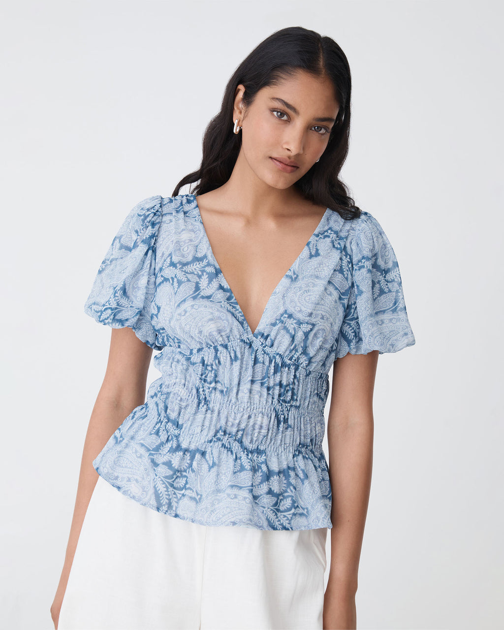 Angie Elastic Waist Top in blue paisley — close-up view 2