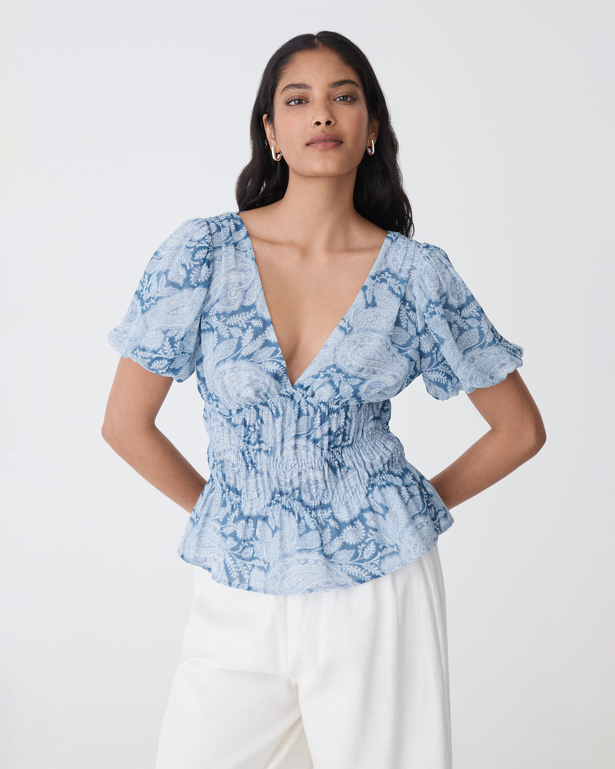 Angie Elastic Waist Top in blue paisley — close-up view 3