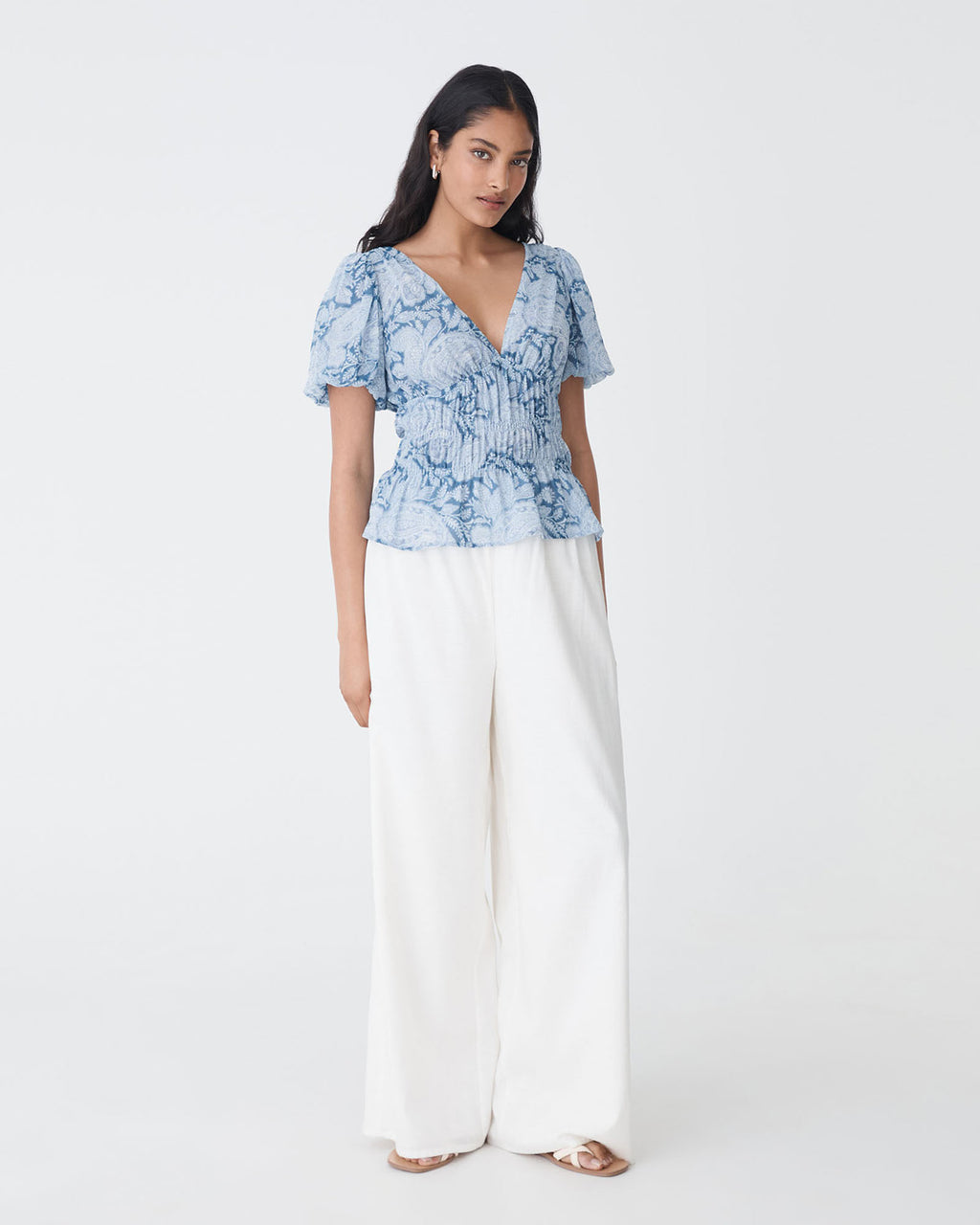 Angie Elastic Waist Top in blue paisley — full-length view