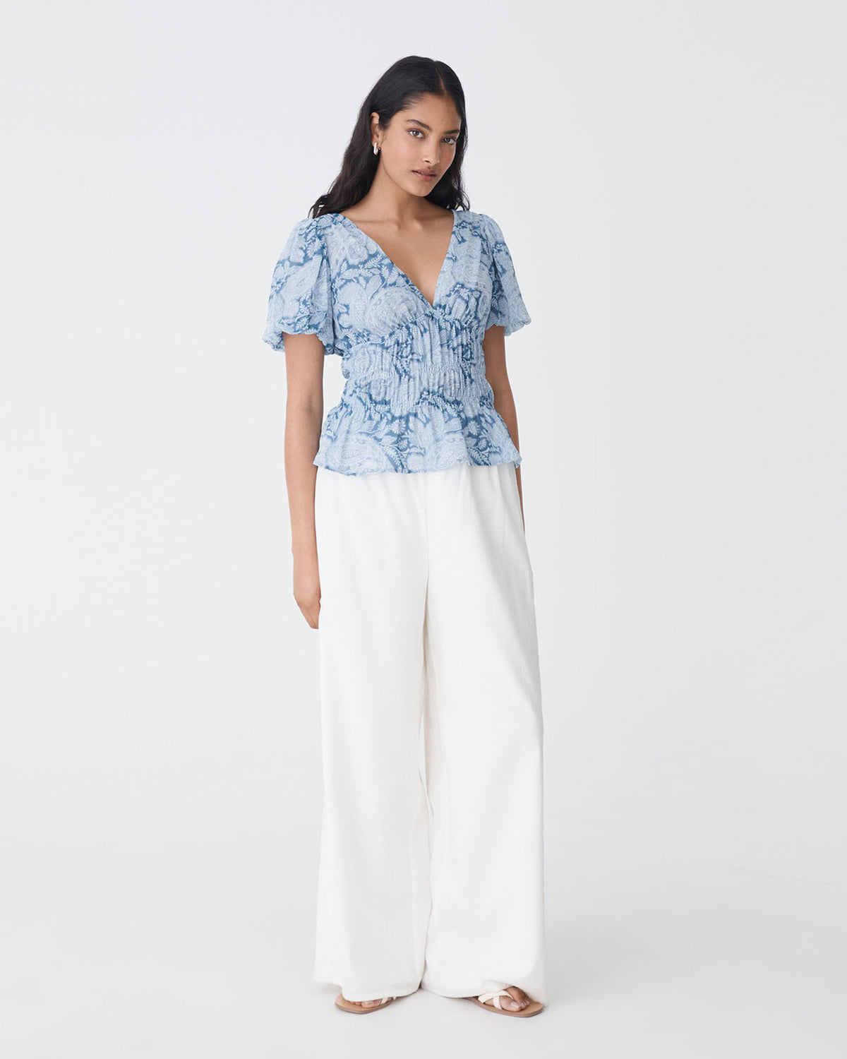 Angie Elastic Waist Top in blue paisley — full-length view