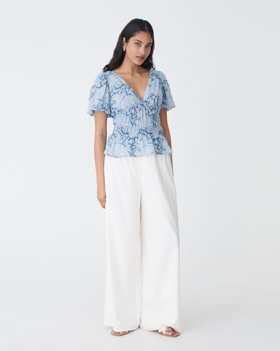 Angie Elastic Waist Top in blue paisley — full-length view