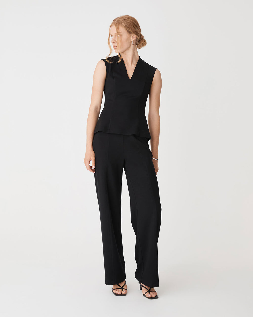 Juno V-Neck Ponte Top in black — full-length view 2