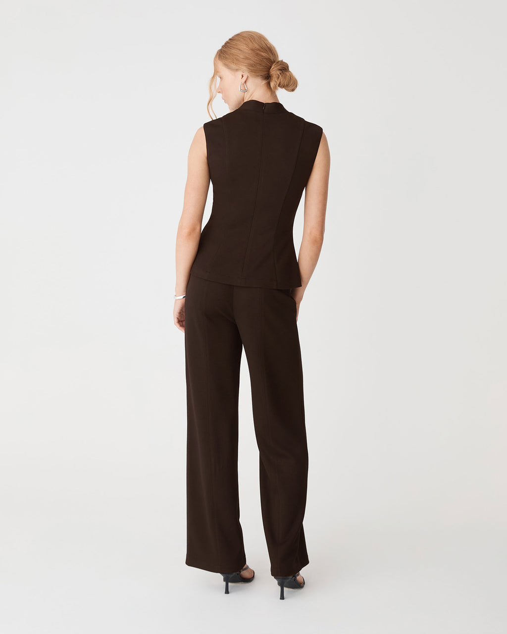 Juno V-Neck Ponte Top in chocolate — back view