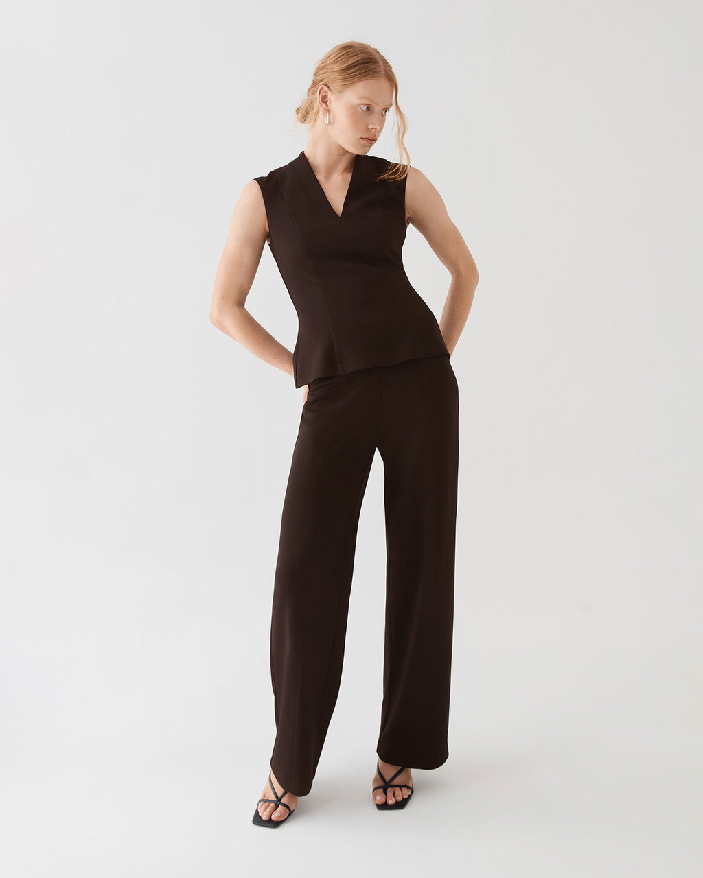 Juno V-Neck Ponte Top in chocolate — full-length view