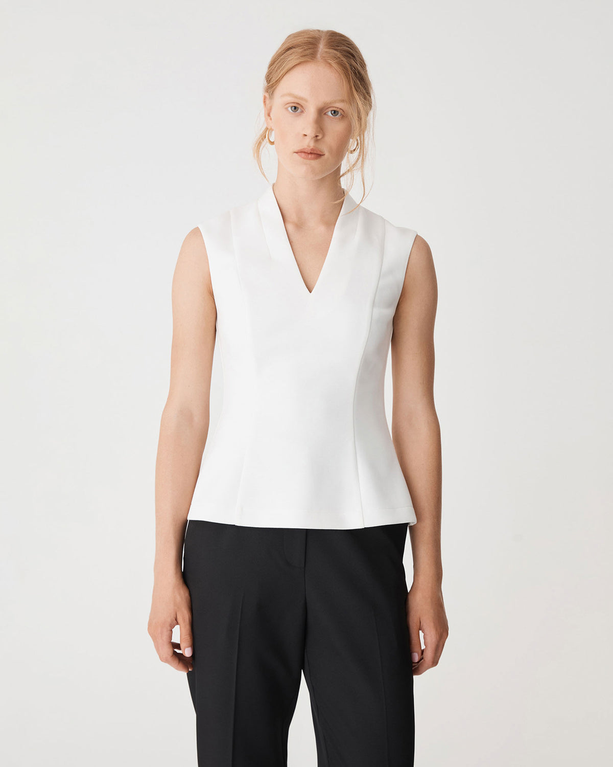 Juno V-Neck Ponte Top in ivory — close-up view