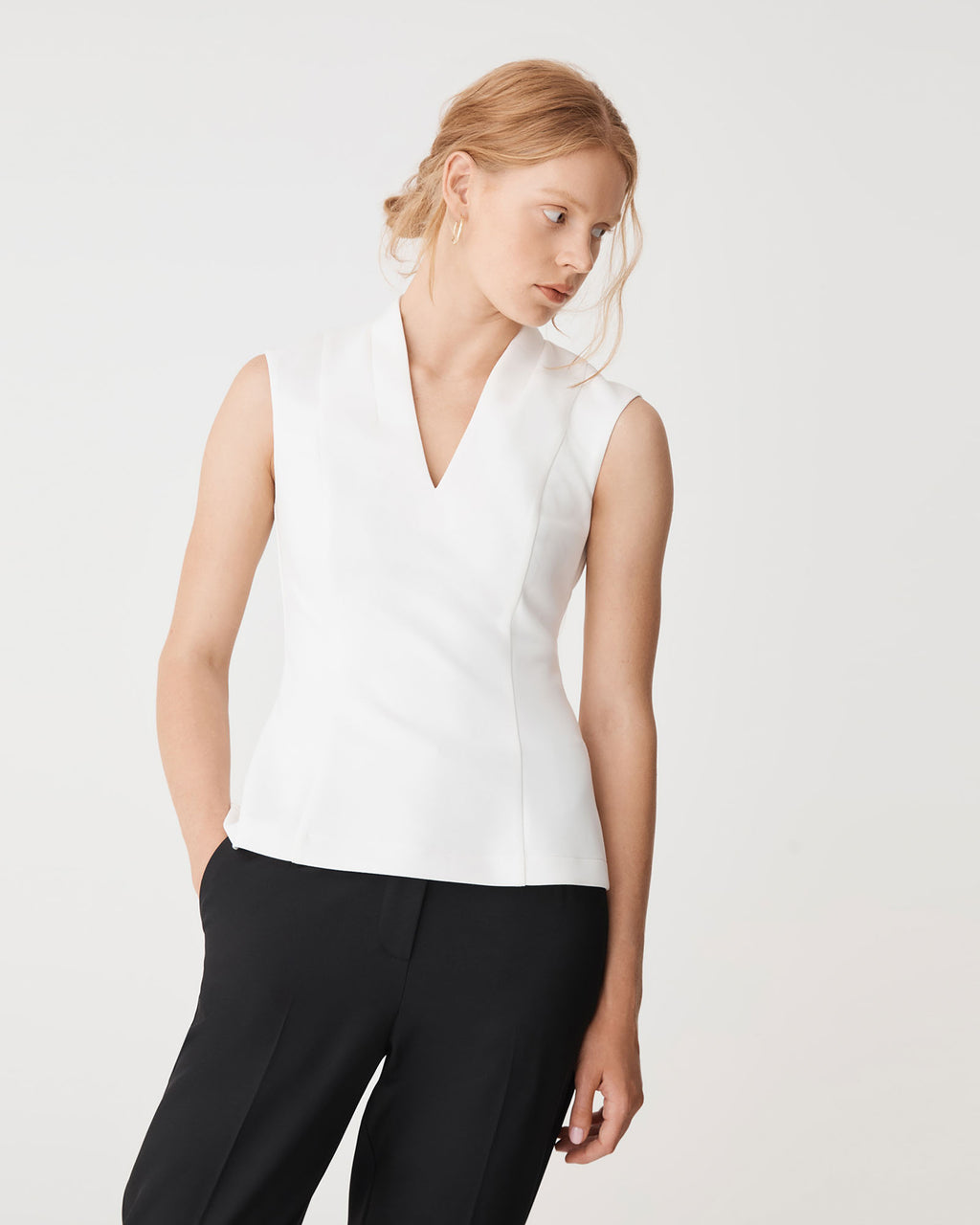 Juno V-Neck Ponte Top in ivory — close-up view 2