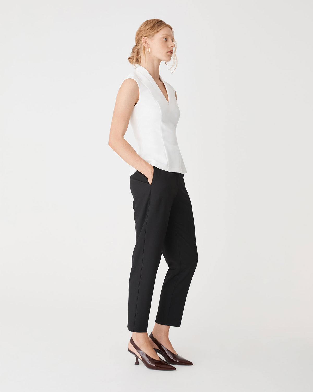 Juno V-Neck Ponte Top in ivory — side view