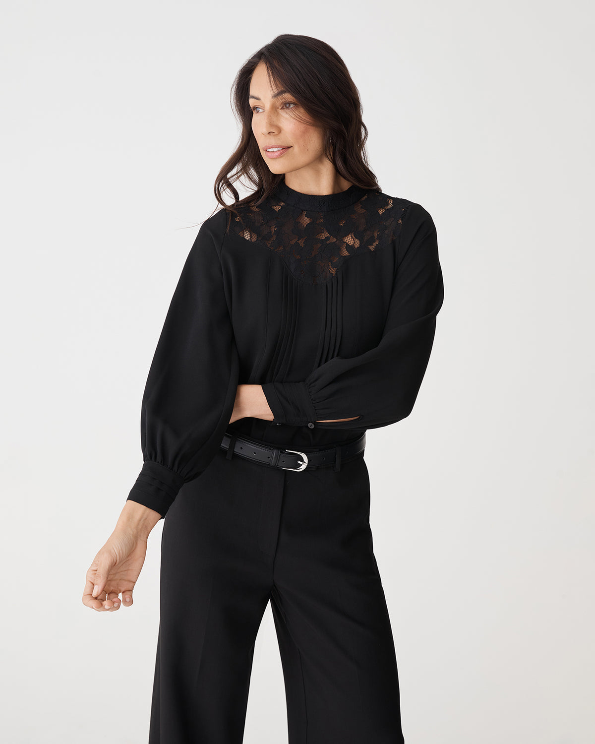 Fiora Lace Yoke Blouse in black — close-up view