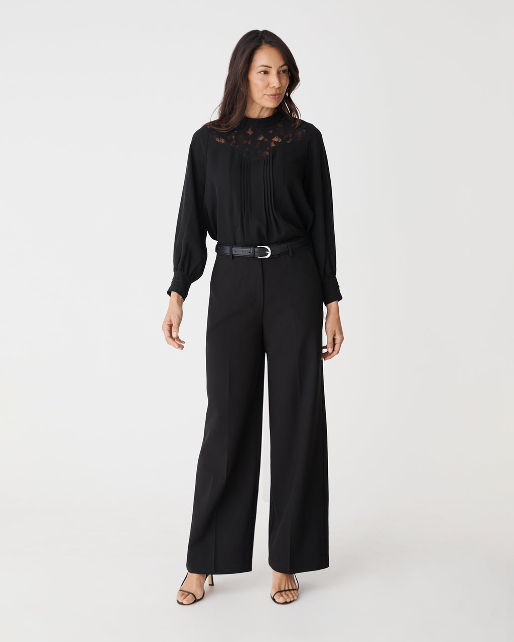 Fiora Lace Yoke Blouse in black — full-length view