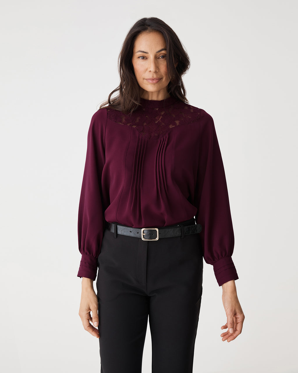 Fiora Lace Yoke Blouse in plum — close-up view