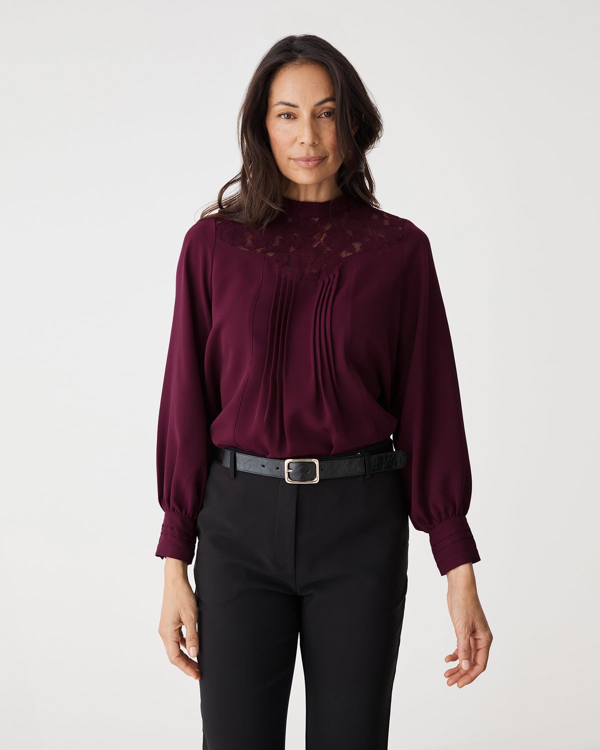 Fiora Lace Yoke Blouse in plum — close-up view