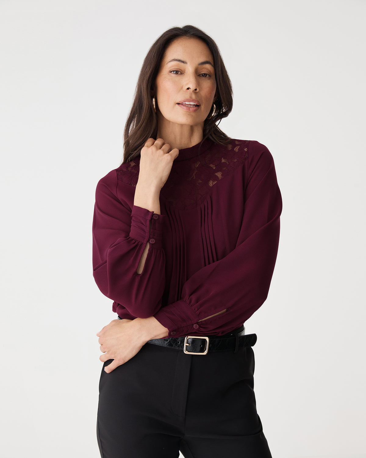 Fiora Lace Yoke Blouse in plum — close-up view 2