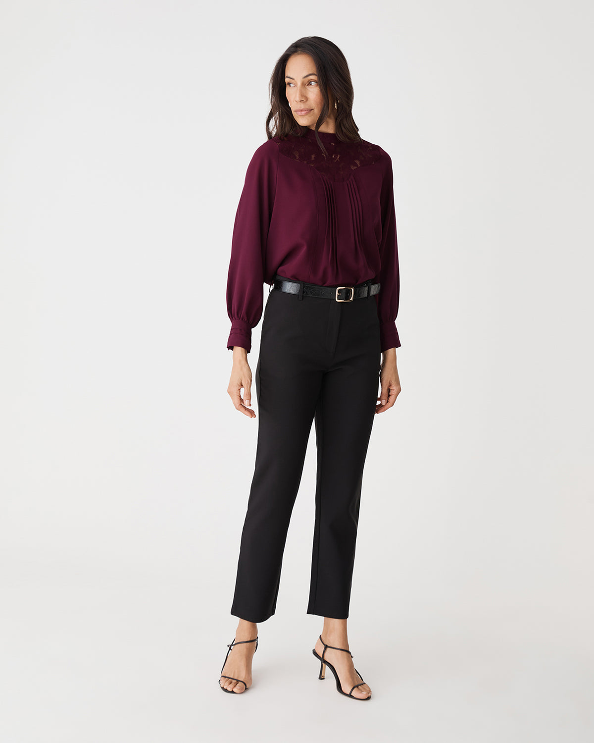 Fiora Lace Yoke Blouse in plum — full-length view